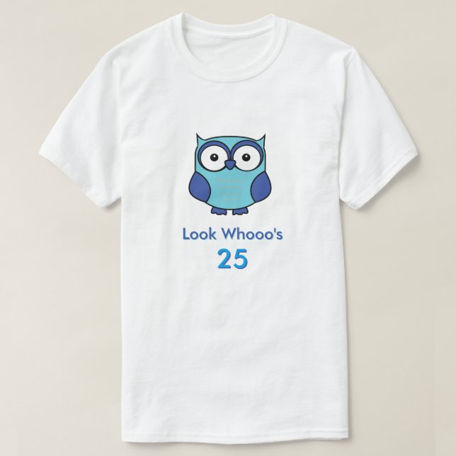 Camiseta Azul de cumpleaños de búho personalizado (Diseño del anverso)