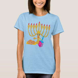 Camiseta Azul de la Marina Cute Menorah y Dreidel