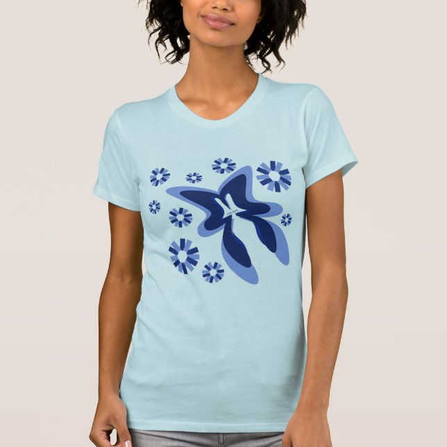 Camiseta azul de los flores de la mariposa (Anverso)
