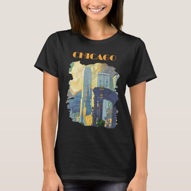Camiseta Azul de Viaje Chicago Skyline (Anverso)