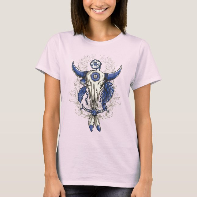 Camiseta Azul del CRÁNEO de BULL del nativo americano (Anverso)