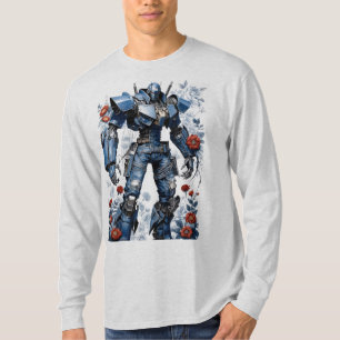 Camiseta Azul Denim Mech Robot con rosas rojas