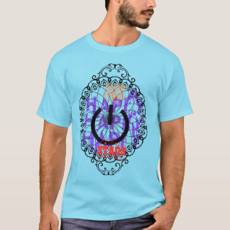 Camiseta azul escrita feliz y motivos