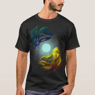Camiseta Azul espiritual y Zen amarillo pescando Koi en la