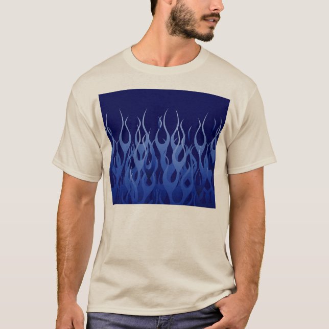 Camiseta Azul Guay sobre llamas de Carreras azul (Anverso)