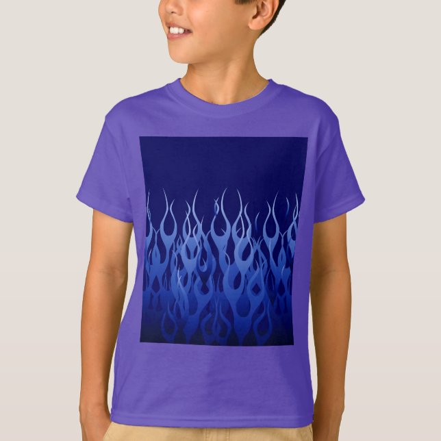 Camiseta Azul Guay sobre llamas de Carreras azul (Anverso)