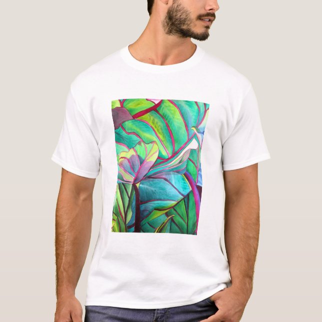 Camiseta Azul Hawaii Arte foliológico de hoja tropical (Anverso)