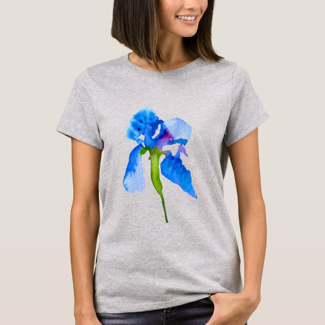 Camiseta Azul Iris moderno acuarela arte floral (Anverso)
