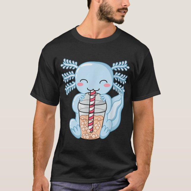 Camiseta Azul lindo Axolotl Bubble Tea Kawaii Anime Aesthet (Anverso)