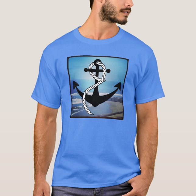 Camiseta azul náutica frente al mar para hombres (Anverso)
