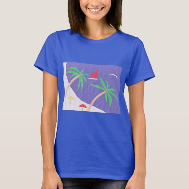 Camiseta azul oscuro con escenas de playa (Anverso)
