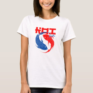 Camiseta Azul rojo y Koi blanco