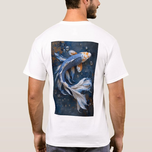 Camiseta azul y blanca Koi Fish Zen Pond (Reverso)