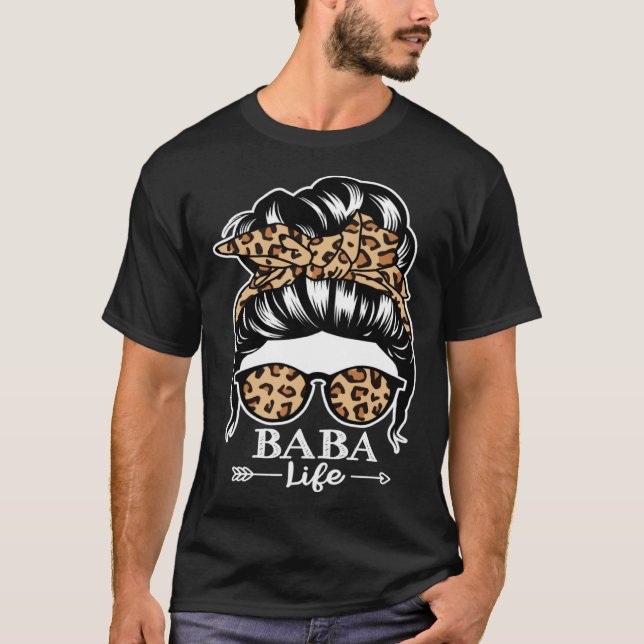 Camiseta Baba Life Messy Bun Hair Baba Leopard (Anverso)