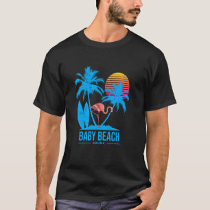 Camiseta Baby Beach Aruba. Flamingo y palmeras tropicales