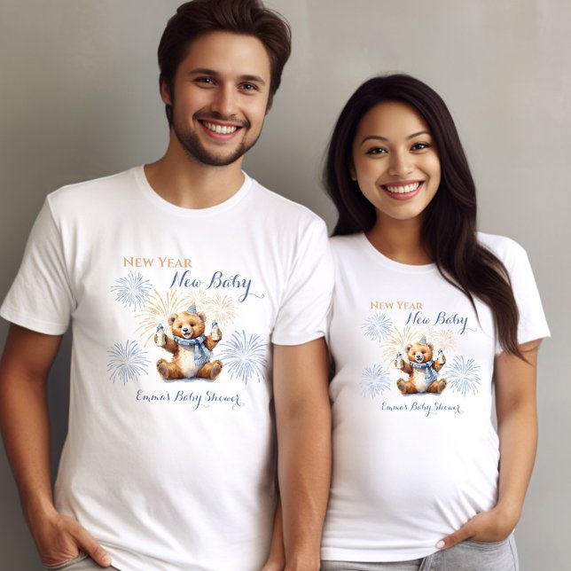 Camiseta Baby Shower de Bear Blue Boy Año Nuevo (New Year Bear Blue Boy Baby Shower T-Shirt)
