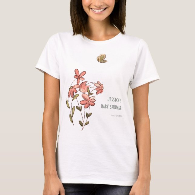 Camiseta Baby Shower de mariposa floral cúpula rosa (Anverso)