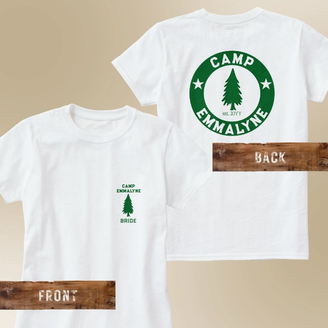 Camiseta Bach de impresión frontal y posterior personalizad (Camp Bride t-shirt with front and back print. Personalize one for each camper at your Camp Bach)