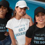 Camiseta Bachelorette Party Most Likely To Get Married<br><div class="desc">Bring a touch of playful anticipation to the bachelorette festivities with this charming and customizable t-shirt design! Featuring the perfectly fitting phrase "most likely to GET MARRIED" in dusty blue lettering against a crisp white background, this design is both sweet and sassy. It's an ideal choice for the bride-to-be or...</div>