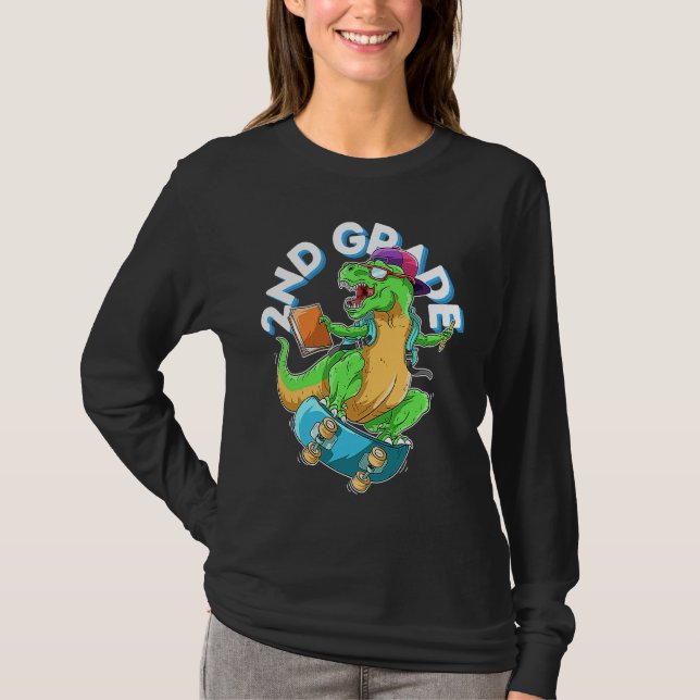 Camiseta Back to School 2nd grade Dinosaur Riding Skateboar (Anverso)