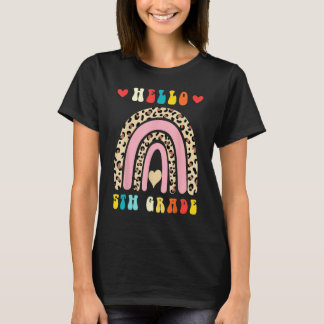 Camiseta Back To School Hello Fifth 5th Grade Rainbow Leopa