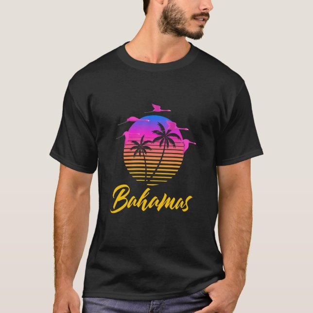 Camiseta Bahamas Caribbean Retro Sunset Palm Tree Flamingo  (Anverso)