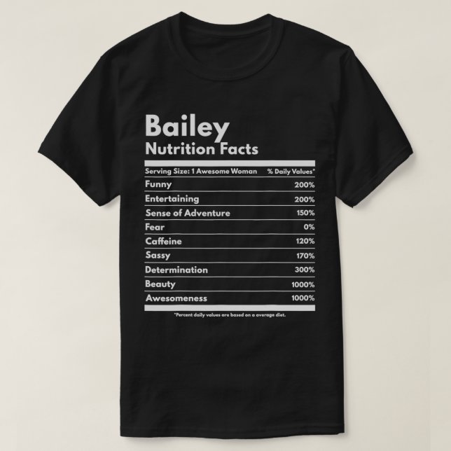 Camiseta Bailey Nutrition Facts Gift Funny Personalized Nam (Diseño del anverso)