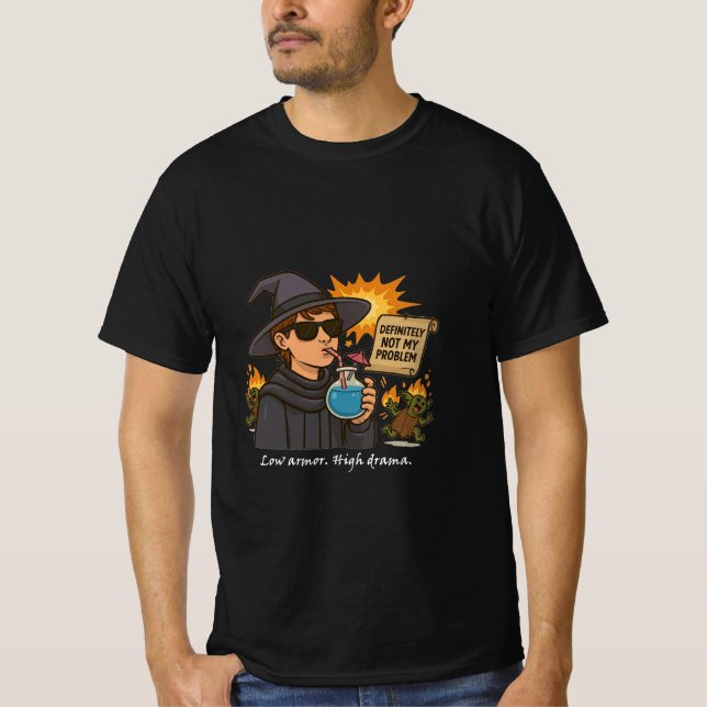 Camiseta "Bajas armas. Drama alto". Graciosa Mage RPG T-Shi (Anverso)