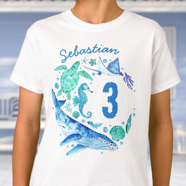 Camiseta Bajo el mar, niño de cumpleaños, ballena acuática (Under the Sea Birthday Boy Watercolor Whale T-Shirt)
