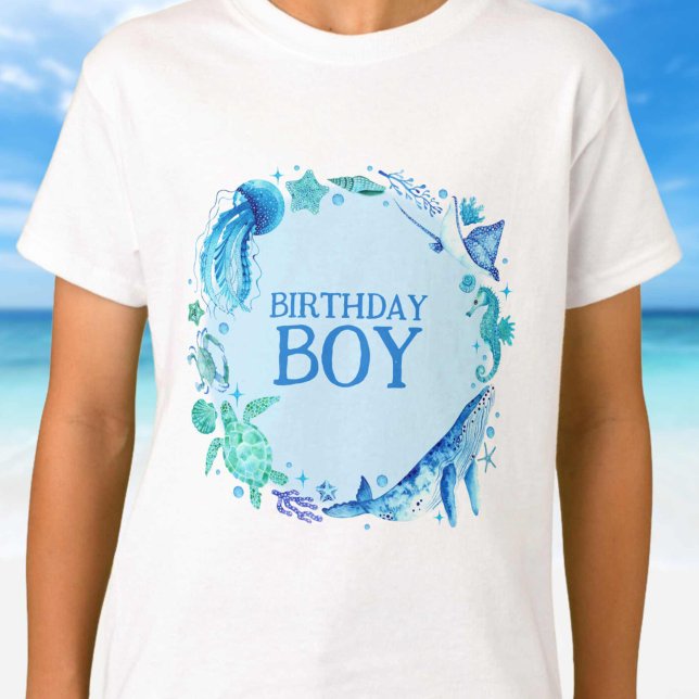 Camiseta Bajo el mar, niño de cumpleaños, ballena acuática (Under the Sea Birthday Boy Watercolor Whale T-Shirt)