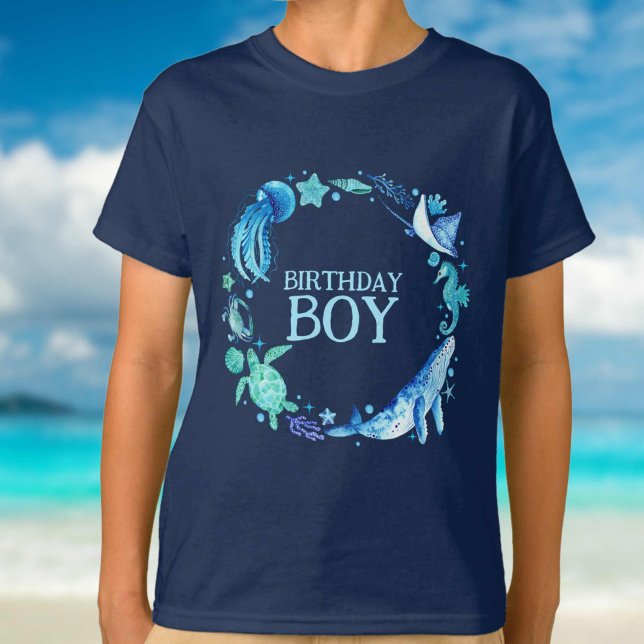 Camiseta Bajo el océano acuático de Birthday Boy (Under the Sea Birthday Boy Watercolor Ocean T-Shirt)