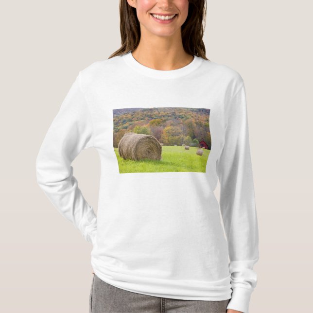 Camiseta Balas y follaje de otoño de heno en granja, (Anverso)