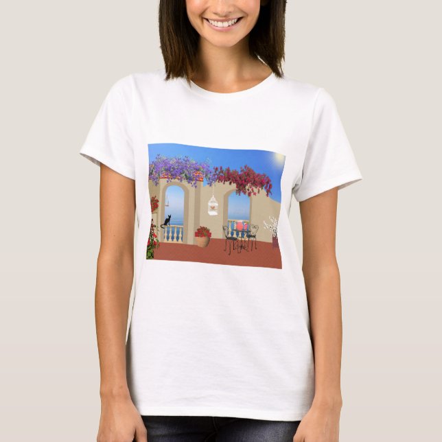 Camiseta Balcón En El Exterior Con Flores Y Tranquilidad A  (Anverso)
