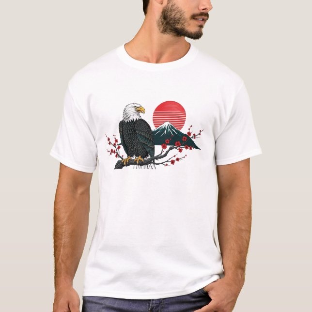 Camiseta  Bald Eagle on Cherry Blossom with Mount Fuji   (Anverso)
