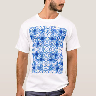 Camiseta Baldosa azul blanca, acuarela sin costura.