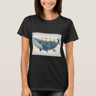 Camiseta Ballena en agua con peces. Ilustración dibujada a