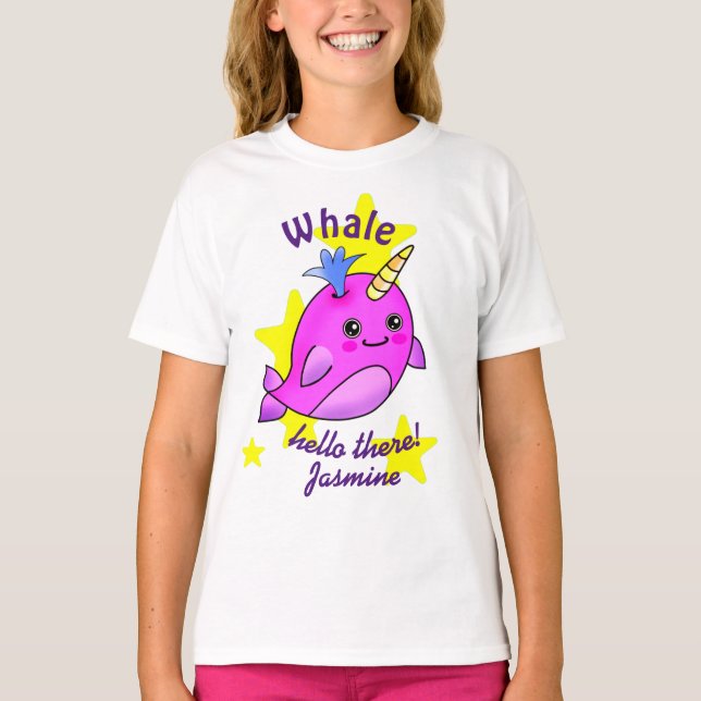 Camiseta Ballena rosa: Hola con bonitas estrellas amarillas (Anverso)