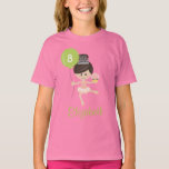 Camiseta Ballerina Birthday Kids Ringer T-Shirt Brunette<br><div class="desc">Nuestros adorables camisetas de cumpleaños pueden ser personalizados con la edad del chica de cumpleaños en el globo y personalizados con su nombre debajo. Una bailarina salta por el aire usando una tiara y un tutu rosado y un leotardo con un quequito en una mano y un globo en la...</div>