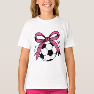 Camiseta Balón de Fútbol Adorable con Lazo Rosa Coquette De