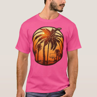 Camiseta Baloncesto Atardecer Con Palmeras Y Balón De Balon