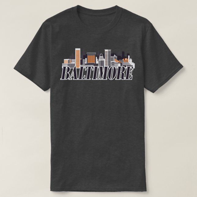 Camiseta Baltimore Skyline Naranja de texto negro (Diseño del anverso)