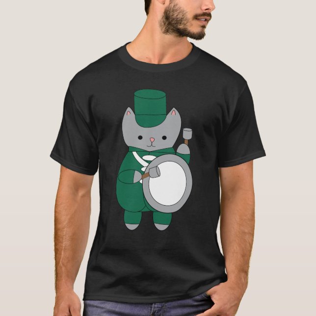 Camiseta Banda de marcha Band Drummer Cat Animal Green Whit (Anverso)