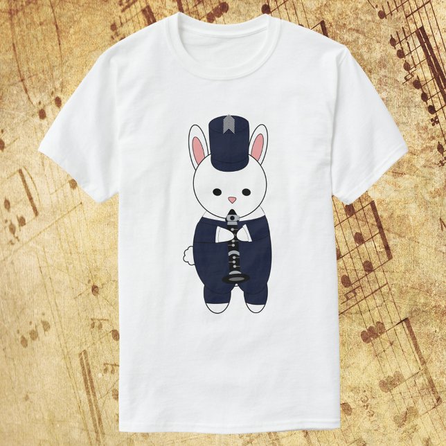 Camiseta Banda de marcha Clarinet Rabbit Navy Blue White (A tshirt featuring a white rabbit playing the clarinet in a navy blue & white marching band uniform.)