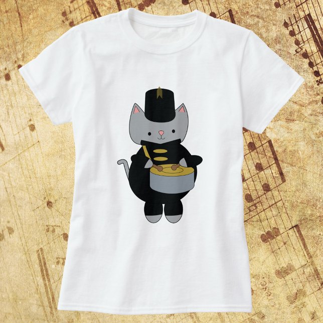 Camiseta Banda de marcha Gato Snare Drum Black Gold (A fun tshirt featuring a cat playing the snare drum and wearing a black & gold marching band uniform)