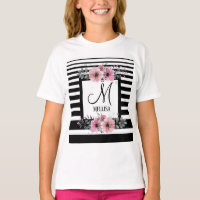 Bandas negras y blancas monograma floral rosa