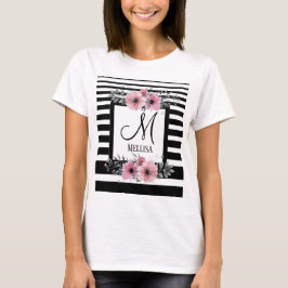 Camiseta Bandas negras y blancas monograma floral rosa
