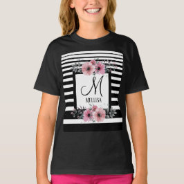 Camiseta Bandas negras y blancas monograma floral rosa