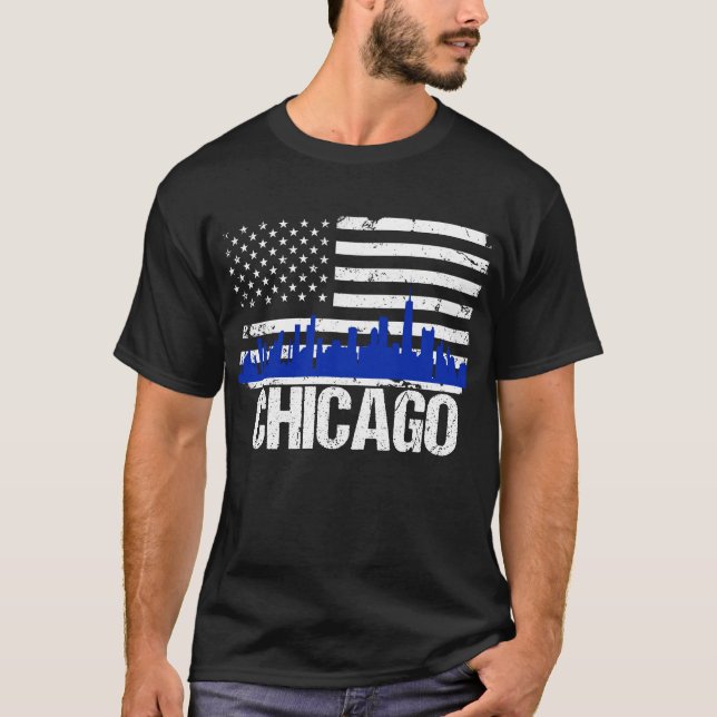 Camiseta Bandera americana apenada horizonte de Chicago (Anverso)