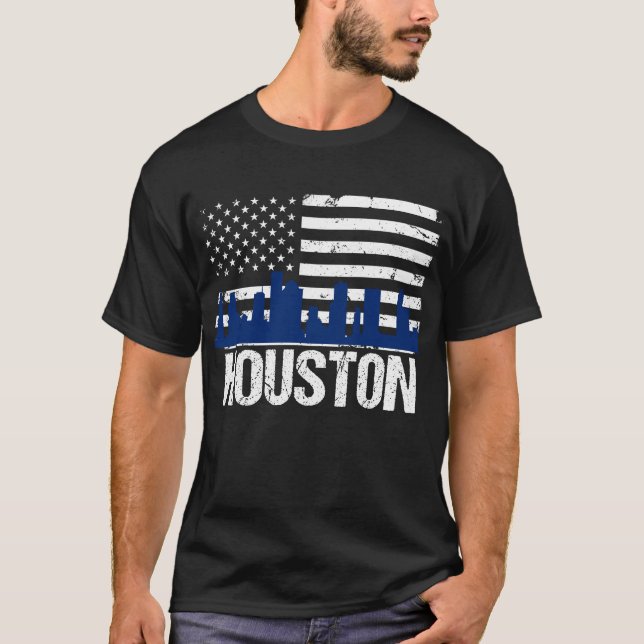 Camiseta Bandera americana apenada horizonte de Houston (Anverso)