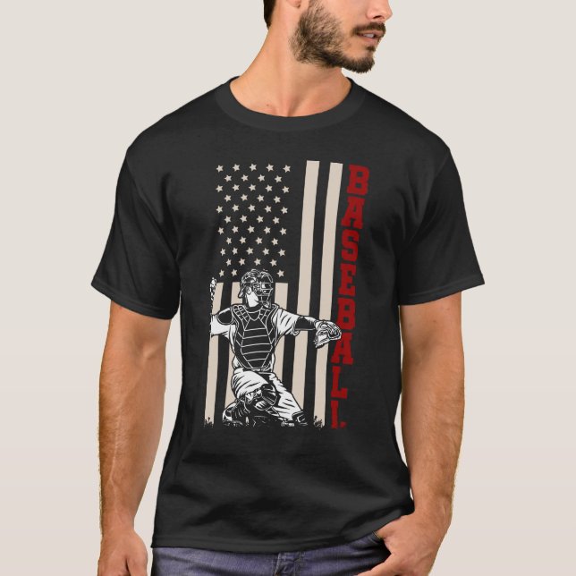 Camiseta Bandera Americana Baseball Catcher Deportista Esta (Anverso)